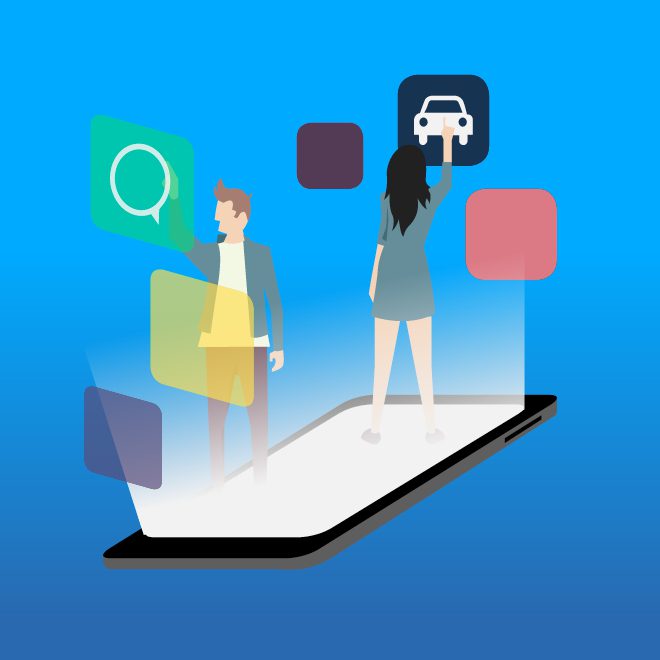 Ilustração com dois jovens acessando aplicativos no celular