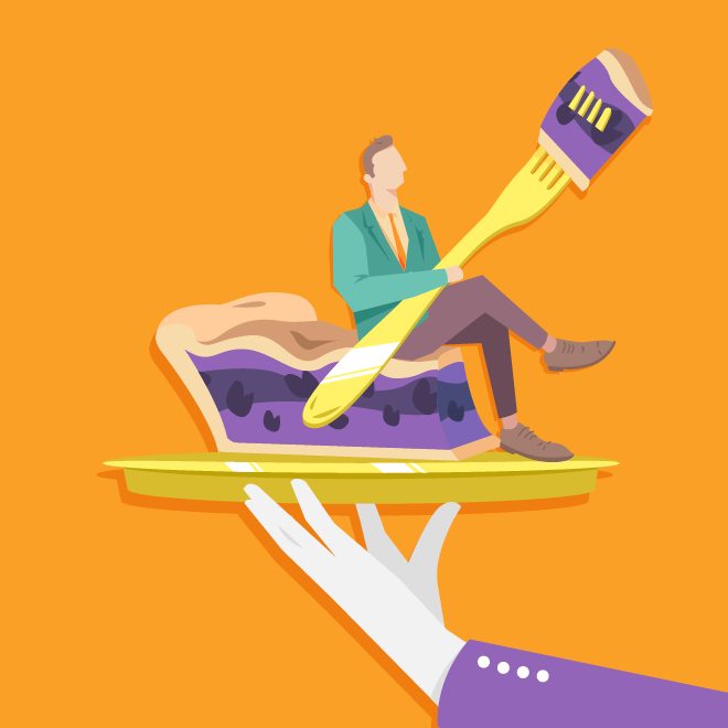 Ilustração de um braço segurando um prato com um homem sentado em cima de uma torta segurando um garfo