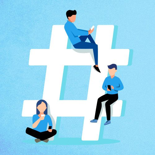 Três usuários de redes sociais usam o celular ao lado de um hashtag gigante