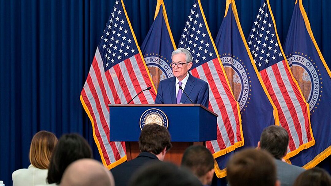 Jerome Powell, presidente do Fed, durante discurso.